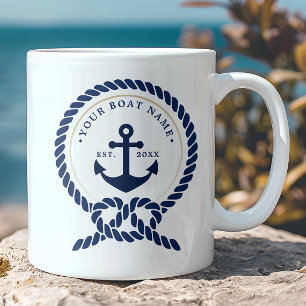 Taza De Café Ancla Náutica & Nombre de Barco de Cuerda Azul Mar