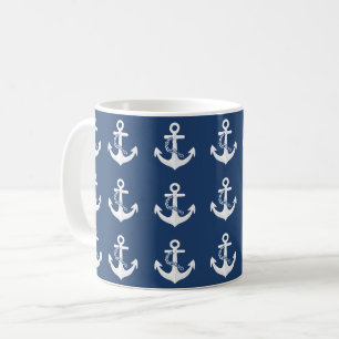 Taza De Café Ancla Náutica Vela Navegación Blanco Azul Marina