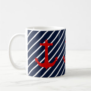 Taza De Café Ancla Roja con Franja Diagonal Azul Marítimo