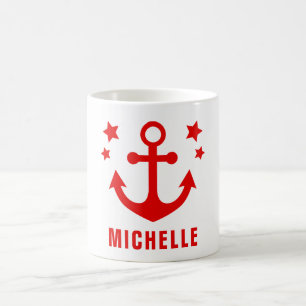 Taza De Café Ancla Roja Ilustraciones Náuticas & Estrellas