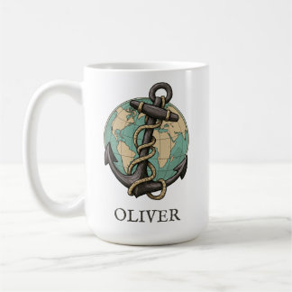 Taza De Café Ancla Vintage y Globo: Viajero Mundial Náutico