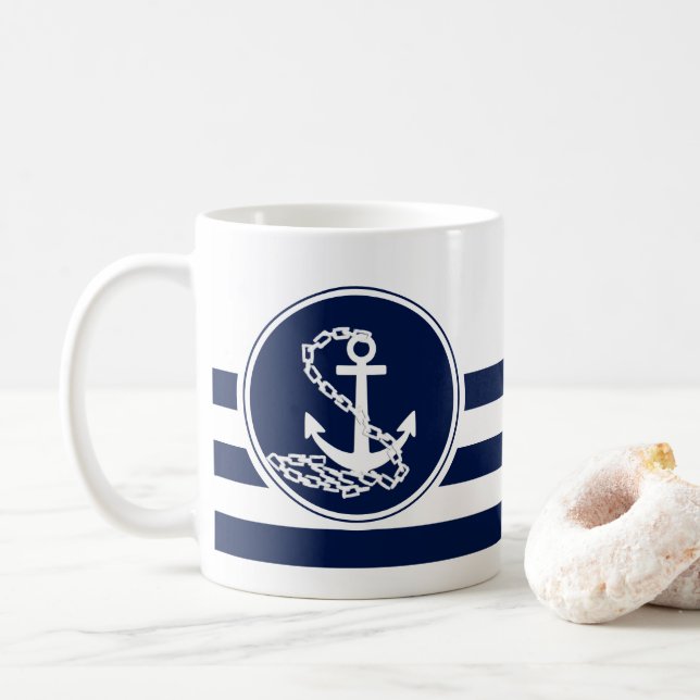 Taza De Café Anclaje Azul Y Blanco De Estilo Náutico, Marín (Con donut)