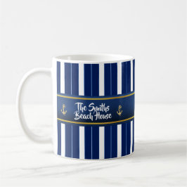 Taza De Café Anclaje dorado en franjas azules nautical