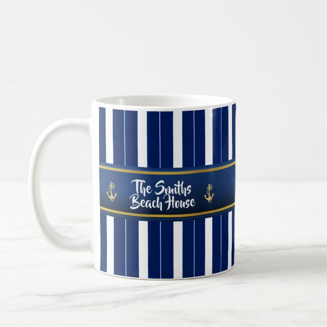 Taza De Café Anclaje dorado en franjas azules nautical (Izquierda)