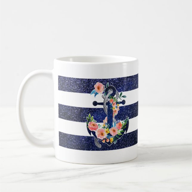 Taza De Café Anclaje floral sobre fondo rayado (Izquierda)