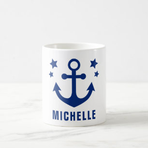 Taza De Café Anclaje Náutico y Estrellas de la Marina Azul