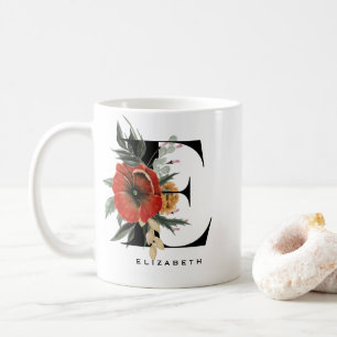 Taza De Café Anémona Botánica en Acuarela Letra E Monograma