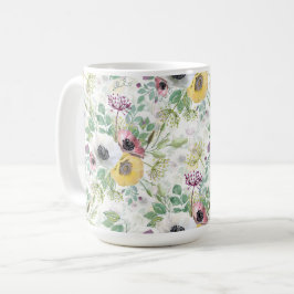 Taza De Café Anémonas rosas, blancas y amarillas.
