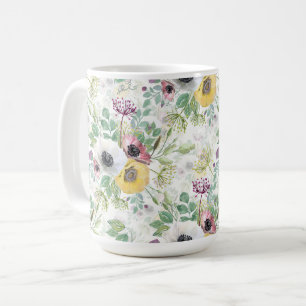 Taza De Café Anémonas rosas, blancas y amarillas.