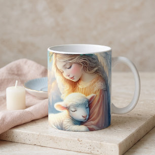 Taza De Café Ángel de Navidad con Cordero en Paz Invernal