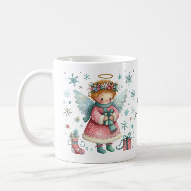 Taza De Café Ángel de Navidades brillantes rosas y azules (Izquierda)