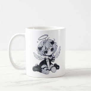 Taza De Café Ángel Hada Chibi Gótico Lindo Anime Blanco y Negro