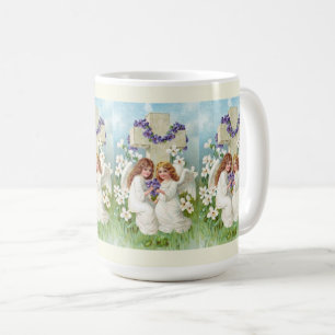 Taza De Café Ángeles Lindos Con Cruz Y Flores 