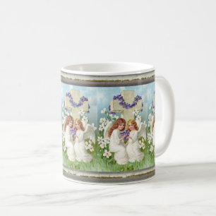 Taza De Café Ángeles Lindos Con Cruz Y Flores