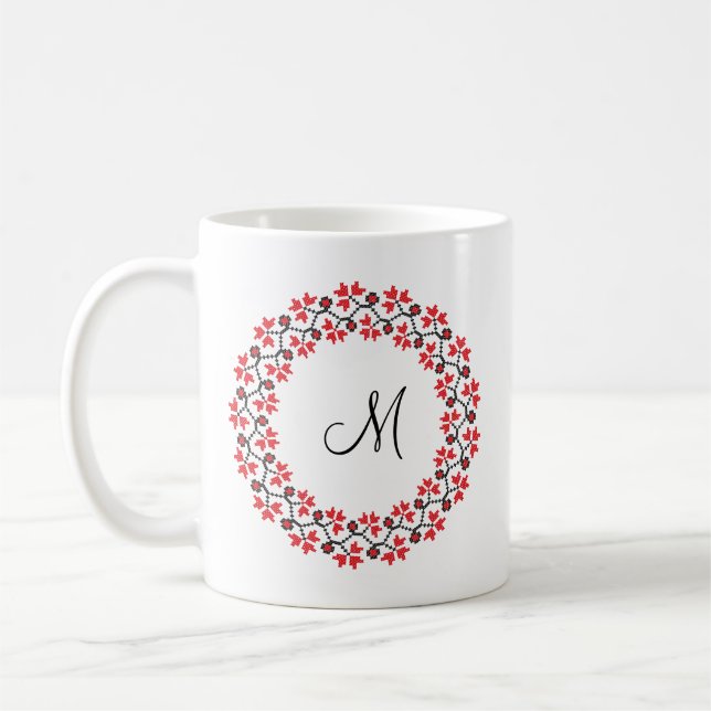 Taza De Café Anillo de flores rojas Monograma personalizado ini (Izquierda)