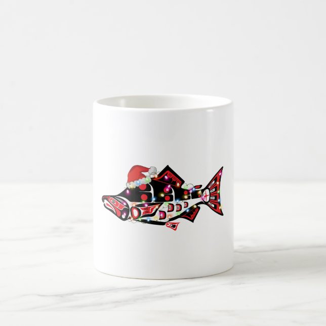 Taza De Café Animal espiritual Haida Salmon con luces Navidades (Centro)