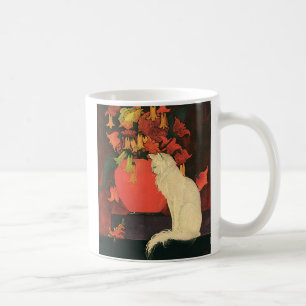 Taza De Café Animales Antiguos, Gato Blanco Elegante, Flores de