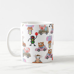 Taza De Café Animales Dulces En Coches Con Patrón De Luz De Trá