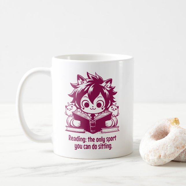 Taza De Café Anime Catboy leyendo un libro y curiosa cita de li (Con donut)