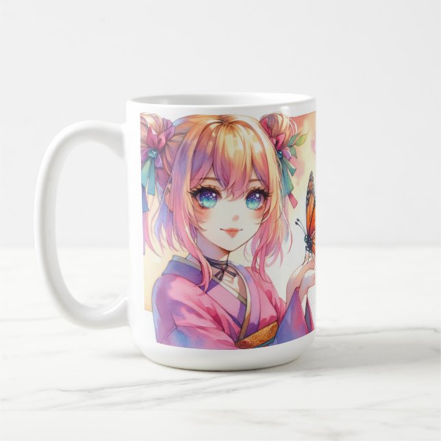 Taza De Café Anime Chica sostiene una mariposa (Izquierda)