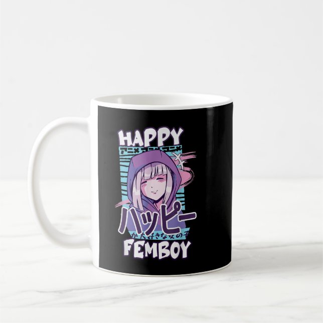 Taza De Café Anime Feliz Femboy con felicidad en japonés - Cute (Izquierda)