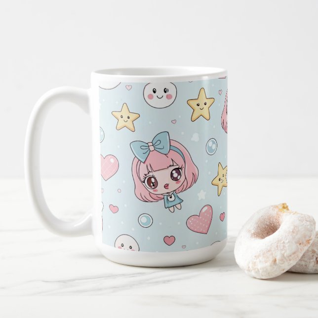 Taza De Café  Anime Kawaii with Hearts and Stars (Con donut)
