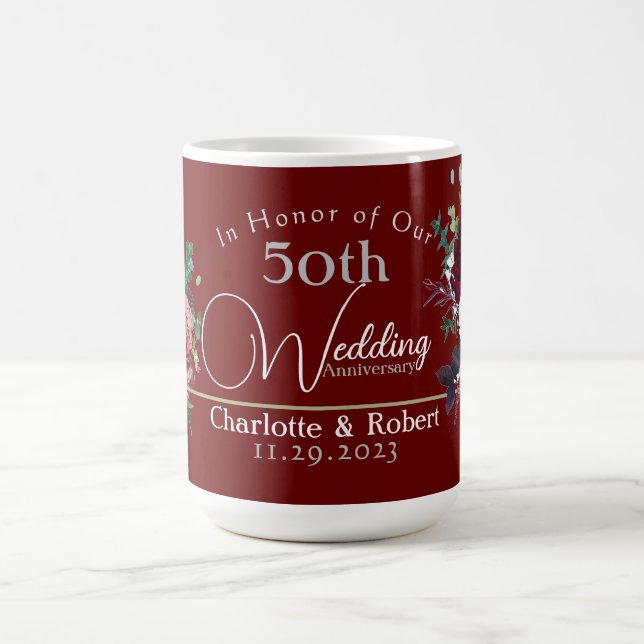 Taza De Café Aniversario Boda de Parejas Rojas 50 Personalizada (Centro)