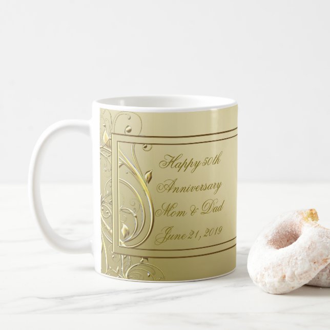Taza De Café Aniversario de boda del oro 50.o del Flourish (Con donut)
