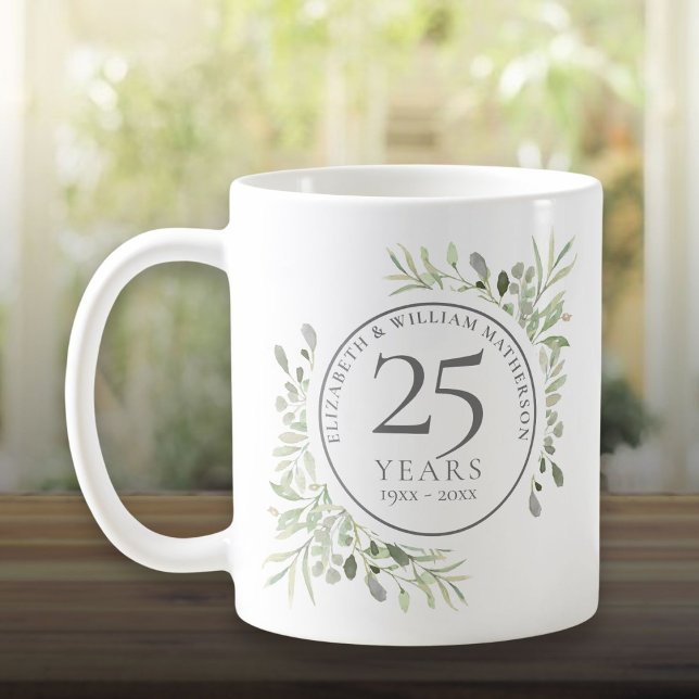 Taza De Café Aniversario de bodas de plata de 25 años en acuare (Watercolor Greenery 25th Wedding Anniversary Coffee Mug)