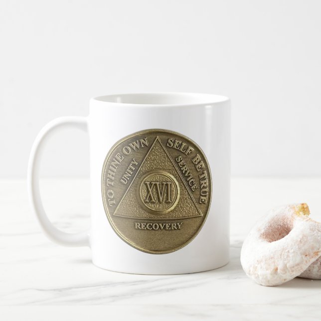 Taza De Café Aniversario feliz de la medalla de moneda de Sober (Con donut)