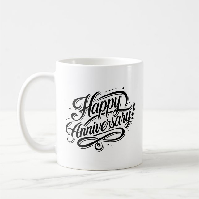 Taza De Café Aniversario feliz simple caligrafía negra elegante (Izquierda)