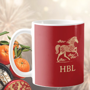 Taza De Café Año del Caballo Año Nuevo Lunar Iniciales Rojo Oro
