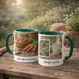 Taza de café antes de la jardinería con foto del j