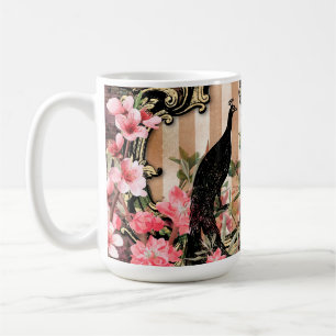 Taza De Café Antiguo Grunge Ilustrado de Pavo Real y Flores