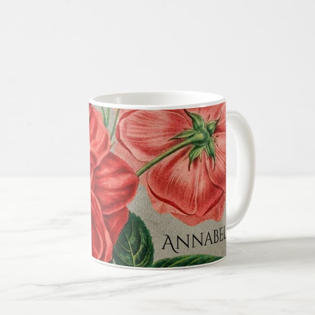 Taza De Café Antique Red Rose Art on Grey Personalised (Anverso derecho)