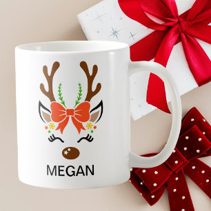 Taza De Café Antleras Navideñas con Arco Rojo Cara de Reno