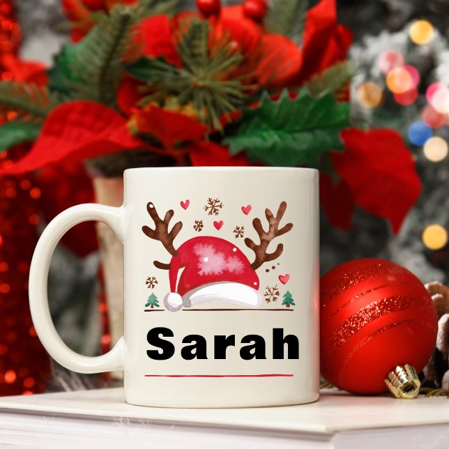 Taza De Café Antlers de renos y Navidades de Santa Hat (Reindeer Antlers and Santa Hat Christmas Coffee Mug
)