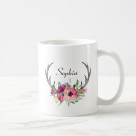 Taza De Café Antlers rústicos boho floral con monograma