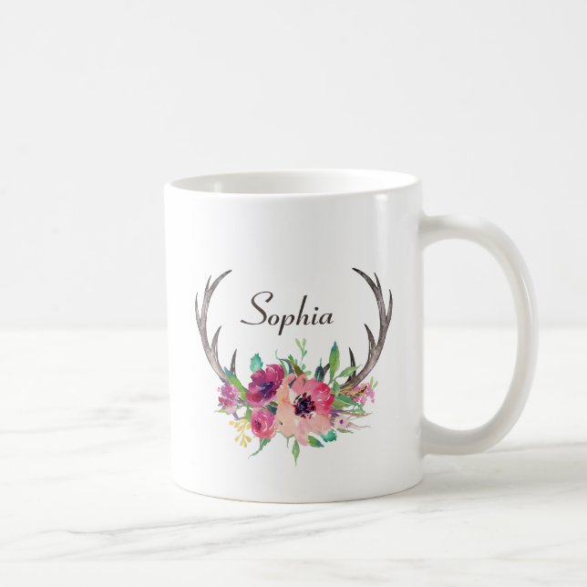 Taza De Café Antlers rústicos boho floral con monograma (Derecha)