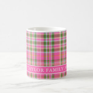 Taza De Café Apellido de familia de cuadros escoceses rosa