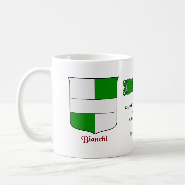 Taza De Café Apellido italiano Bianchi Heraldic Shield y Blazon (Izquierda)