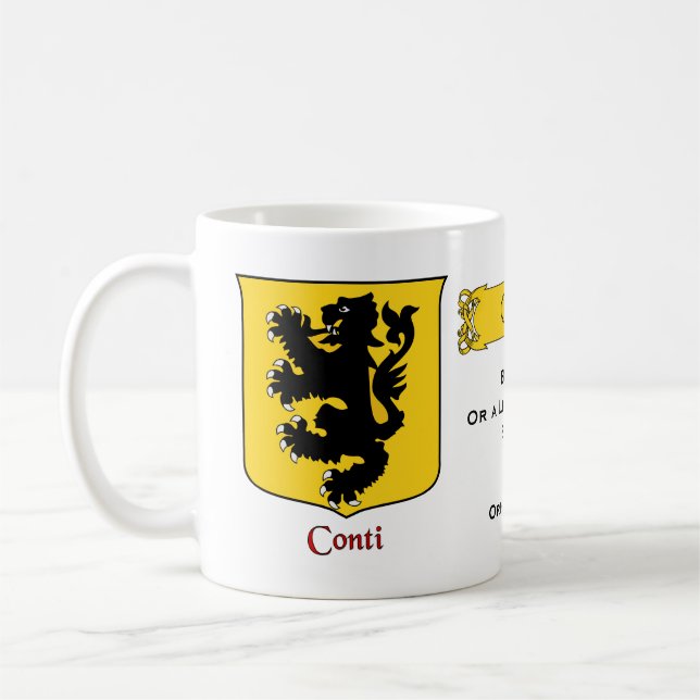 Taza De Café Apellido italiano Conti Heraldic Shield y Blazon (Izquierda)