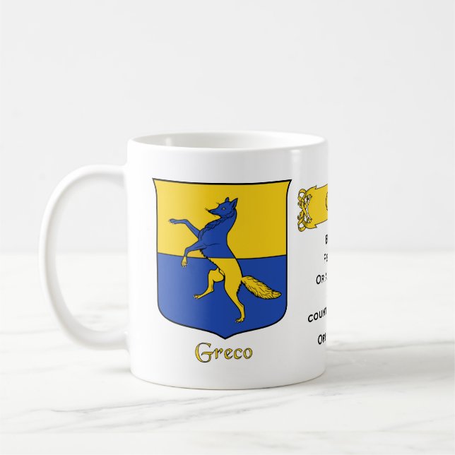 Taza De Café Apellido italiano Greco Escudo heráldico y Blazon (Izquierda)
