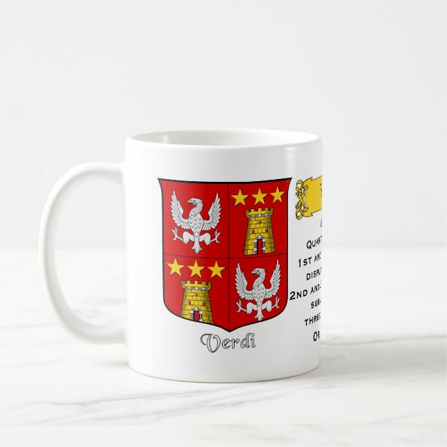Taza De Café Apellido italiano Verdi Heraldic Shield y Blazon (Izquierda)