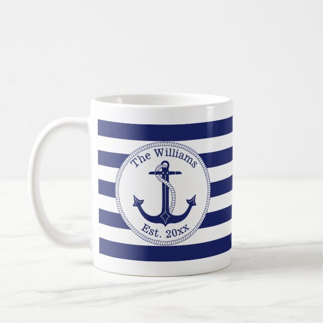 Taza De Café Apellido náutico de las rayas de azules marinos (Izquierda)
