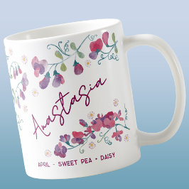 Taza De Café April Birth Flower Custom Name Sweet Pea Daisy