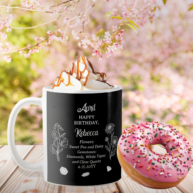 Taza De Café April Daisy y SweetPea Birthday Keepsake (April Floral and Birthstone Birthday Keepsake Coffee Mug)