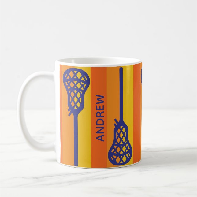 Taza De Café Ápticas y rayas de lacrosse retro naranja y púrpur (Izquierda)