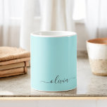 Taza De Café Aqua Blue Verde azulada Girly Script Monograma Nom<br><div class="desc">Copa o taza de café con nombre Verde azulado Aqua Blue Monogram Name. Esto hace que el dulce perfecto cumpleaños 16,  boda,  ducha de novia,  aniversario,  ducha de bebé o fiesta de soltera sea regalo para alguien que ama el lujo glam y los estilos de moda.</div>
