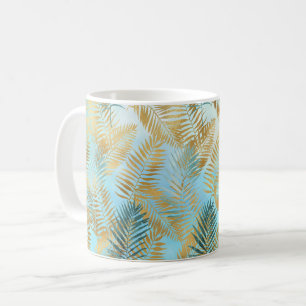 Taza De Café Aqua Sky Verde Dorado Hojas Tropicales    
